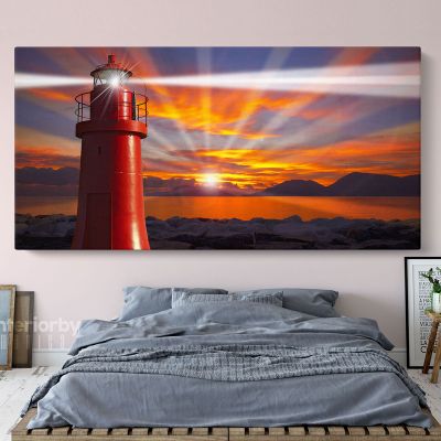Panoramic Lighthouse Beaming Skyline Light Canvas with Frame / Roll Wall Hangings Mural Gift Living Room Bedroom Wall Art Print