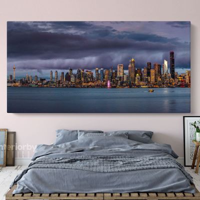 Panoramic Seattle Skyline Photo Print Poster Banner Canvas with Frame