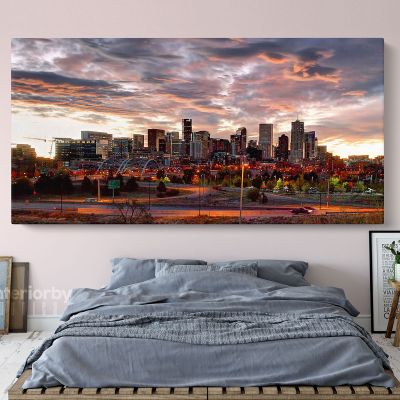 Denver City Skyline Sunset Canvas with Frame Rolled Canvas Wall Mural