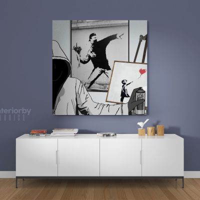 Banksy Style Girl with Ballon Flower Thrower Collage Canvas with Frame