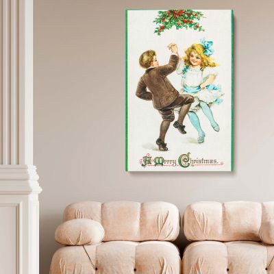 Dancing Under Mistletoe - Joyful 1912 Christmas Postcard
