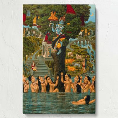 Krishna Stealing Clothes - Sacred Yamuna Scene with Gopis By Unknown Indian Artist 