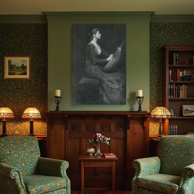 Lady with Lute by Thomas Wilmer Dewing - Monochrome Elegance and Stillness 