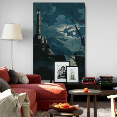 Lighthouse of Genoa - Nighttime Moonlit Harbor View By H. Merke After Serres 