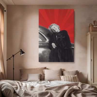 Marilyn in Black Fur Coat - Leaning on Classic Car Glam Canvas Wall Art 