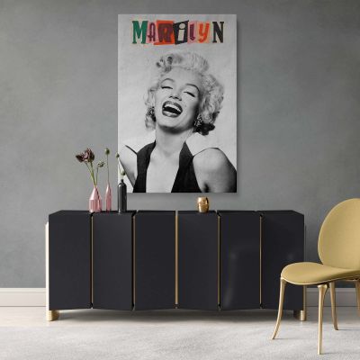 Marilyn Monroe Laughing Portrait - Collage Typography on Vintage Canvas 