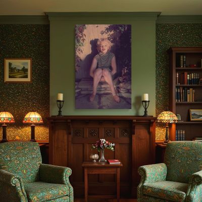 Marilyn Monroe Seated in Stripes - Serene Vintage Glamour Scene 