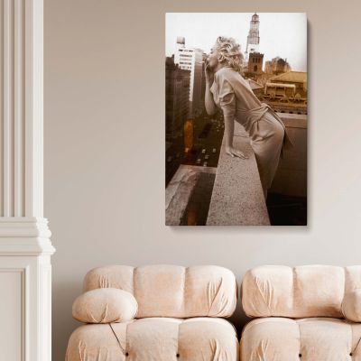 Marilyn Monroe Smoking on Rooftop - Vintage City Scene in Black and White 