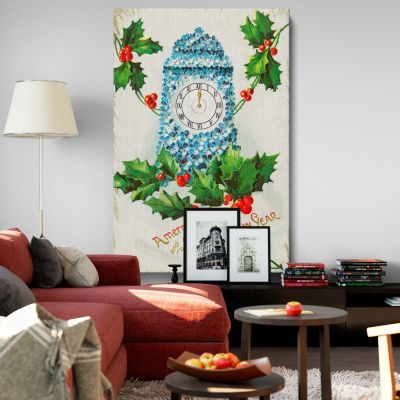 Merry Christmas and Happy New Year - Holly and Clock Vintage Print