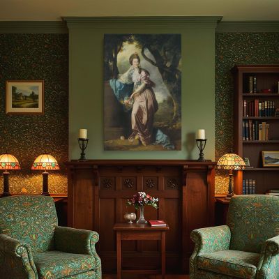 Mrs Woodhull Portrait by Johan Zoffany - Gentle Pose in Blue and Pink Garden Scene 