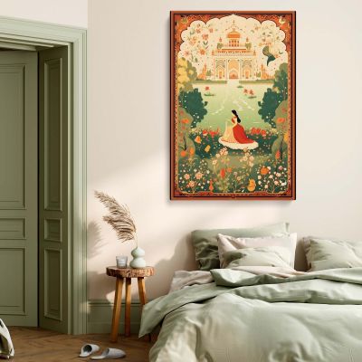 Mughal Garden Scene - Royal Woman in Traditional Attire Miniature Style Wall Art 