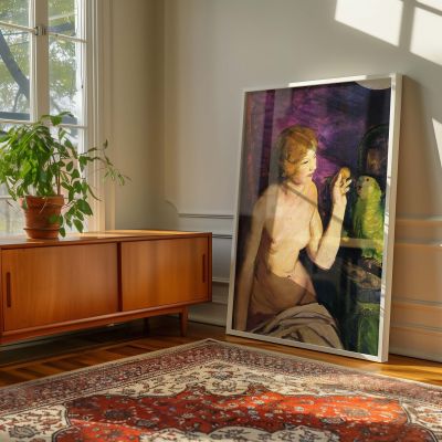 Nude Girl with Parrot by George Bellows - Green Bird and Purple Drapes 