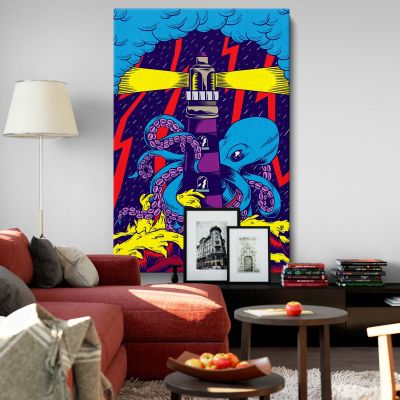 Octopus and Lighthouse - Stormy Comic Pop Art Scene