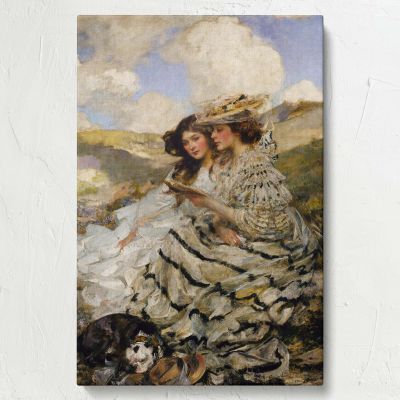 On the Dunes - Romantic Victorian Lady and Child Beach Scene By James Jebusa Shannon 