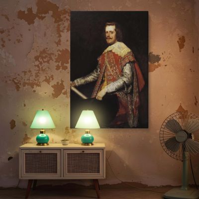 Philip IV in Fraga - Velazquez Royal Red Attire with Staff of Command 