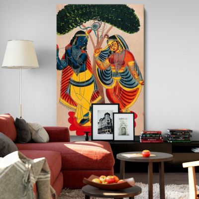 Radha and Krishna Dancing - Spiritual Folk Watercolor Scene By Unknown Indian Artist 