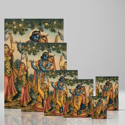 Radha Embraces Krishna - Forest Flute Scene with Attendants