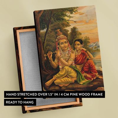 Radha Listening to Krishna - Peaceful Riverside Moment in Hindu Art