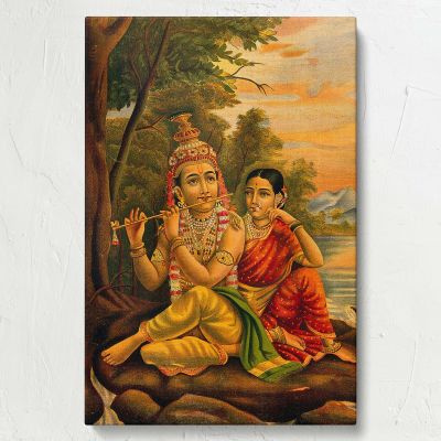 Radha Listening to Krishna - Peaceful Riverside Moment in Hindu Art