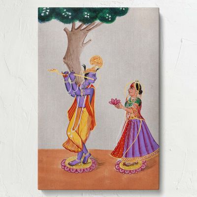 Radha Offering Lotus to Krishna - Devotional Tree Scene By Unknown Indian Artist 