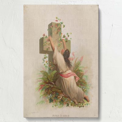 Rock of Ages - Prayerful Woman and Stone Cross in Ivy