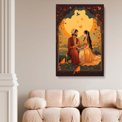 Romantic Indian Couple - Mughal Miniature Pichwai Style Art Reimagined as Wall Print 