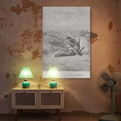 Samson Slays Lion - Gustave Dore Epic Struggle in Grayscale 