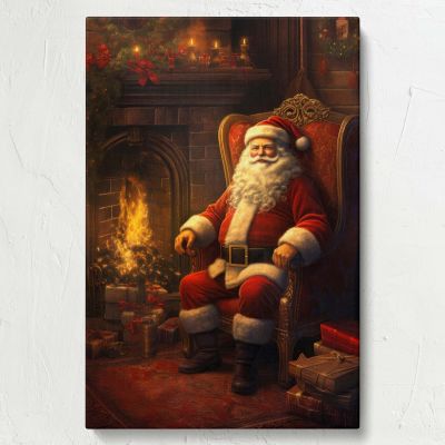 Santa by Fireplace - Festive Holiday Room with Gifts and Wreath
