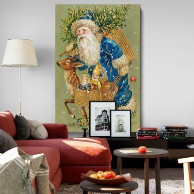 Santa Claus in Blue Coat - Reindeer and Gifts Holiday Art