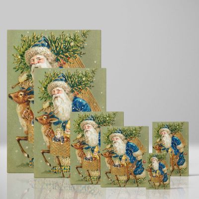 Santa Claus in Blue Coat - Reindeer and Gifts Holiday Art