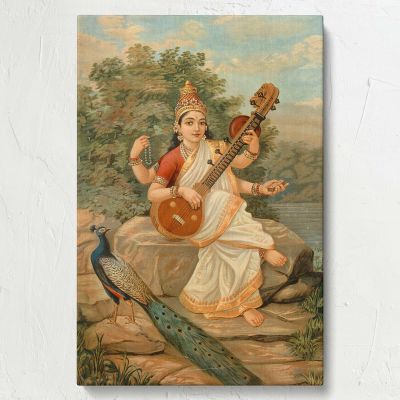 Sarasvati with Sitar - Serene River Rock Scene By Raja Ravi Varma 