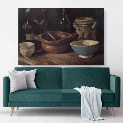 Still Life With Three Bottles And Earthenware Vessel by Vincent Van Gogh Dutch Painter Original Painting Canvas Photo Print Wall Art