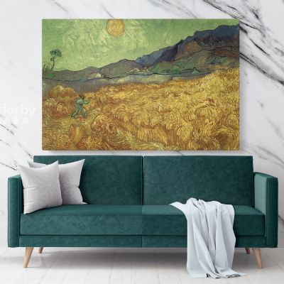 Wheatfield With Reaper and Sun Painting by Vincent Van Gogh Dutch Painter Original Painting Photo Print on Canvas Wall Mural