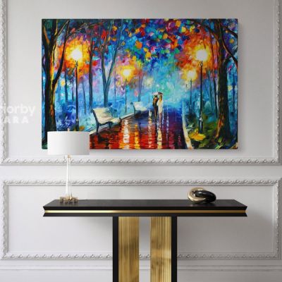 Misty Mood Night Walk in Rain Oil Painting by Leonid Afremov Canvas Photo Print with Frame Home Decor Wall Mural Gift