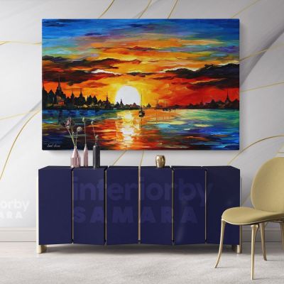 Sunrise in the Harbor Original Oil Painting by Leonid Afremov Canvas Photo Print with Frame Home Decor Wall Mural Gift