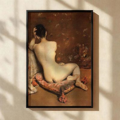 Seated Nude by William Merritt Chase - Rear Pose on Cushion with Warm Light 