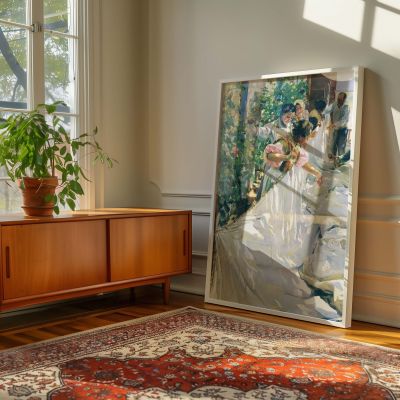 Sewing the Sail by Joaquin Sorolla - White Fabric in Sunlit Garden Scene 