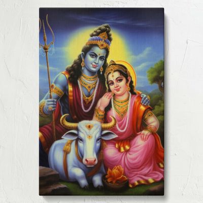 Shiva, Parvati and Nandi - Traditional Indian Deity Scene By Unknown Indian Artist 