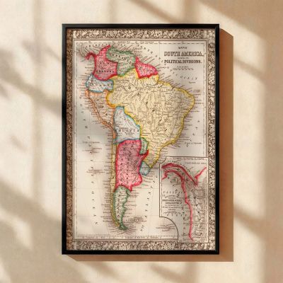 South America Political Map - Educational Framed Canvas for Office or School 