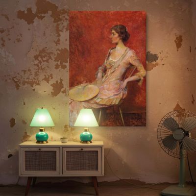 The Palm Leaf Fan by Thomas Wilmer Dewing - Pink Tones and Gentle Expression 
