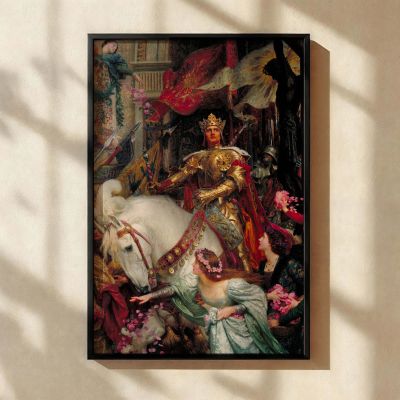The Two Crowns by Frank Dicksee - Knight in Gold Armor with White Horse 