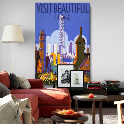 Visit Chicago - Retro Riverfront and Skyline Travel Poster