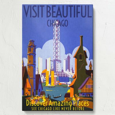 Visit Chicago - Retro Riverfront and Skyline Travel Poster