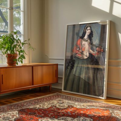 Woman Holding Rose - Qajar Dynasty Traditional Skirt and Red Jacket 