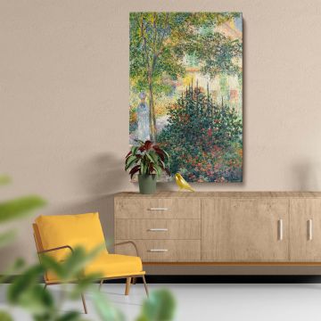 This beautiful wall canvas of Camille Monet in the Garden at Argenteuil (1876) by Claude Monet highlights a picturesque garden with natural textures, vivid colors, and timeless impressionist style, bringing elegance and charm to your space.