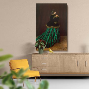 A reproduction of Monet's "Camille (The Woman in the Green Dress)" from 1866, highlighting Camille in a stylish green and black dress, capturing Monet's early mastery of texture, light, and the timeless charm of vintage fashion.