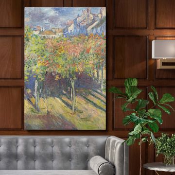 Claude Monet's "Le cours du 14 juillet vu de la maison de Claude Monet" painting showing a vibrant view of greenery, flowers, and sunlight from Monet's home with dynamic Impressionist brushstrokes in a stunning depiction of French countryside beauty.