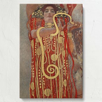 Vibrant canvas print of Hygieia by Gustav Klimt, a 1907 masterpiece depicting the goddess of health in symbolic gold and red tones, offering a captivating focal point for homes and offices that celebrate classical elegance and historical art.