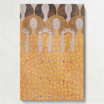 A reproduction of Gustav Klimt's Beethoven Frieze showcasing intricate golden patterns and serene women holding flowers, symbolizing harmony and art, crafted in the Secessionist style and presented as a premium decorative wall canvas piece.