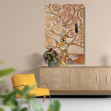 Klimt's famous L'Arbre de Vie showcases golden swirling branches and intricate symbolic details in the Art Nouveau style, representing life's eternal cycle and serving as a luxurious decorative wall art piece for modern and classic interiors alike.